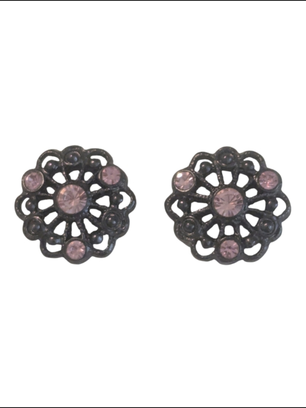 VTG Round Floral Pink Fauceted Crystals Black Filigree Stud Pierced Earrings